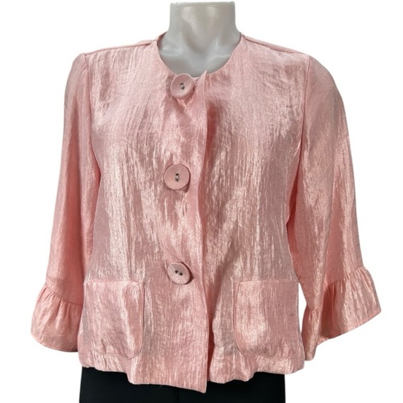 Ruby Rd Women's Petite Blazer 10P Pink Dress Jacket Button 3/4 Ruffle Sleeve - Picture 5 of 5